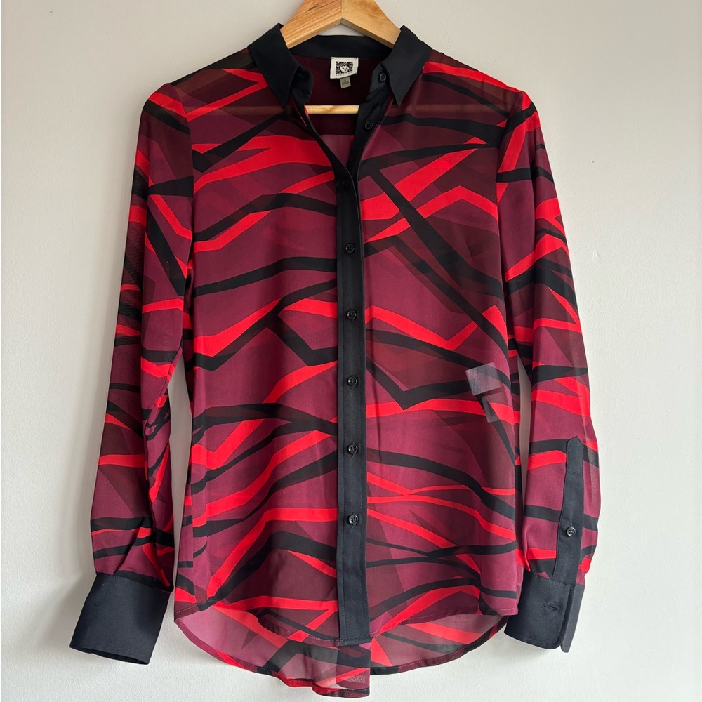 Anne Klein sheer funky print button down shirt size 4